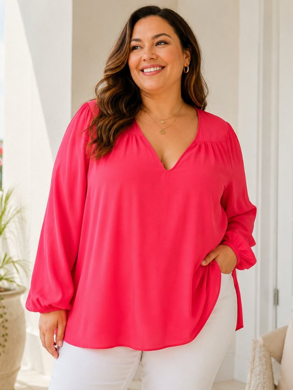 NWT Nautica Pink Tunic Blouse XXL Long Sleeve V Neck Lightweight